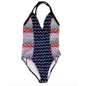Gossip One Piece Navy Orange White Colorblock Bathing Suit Large